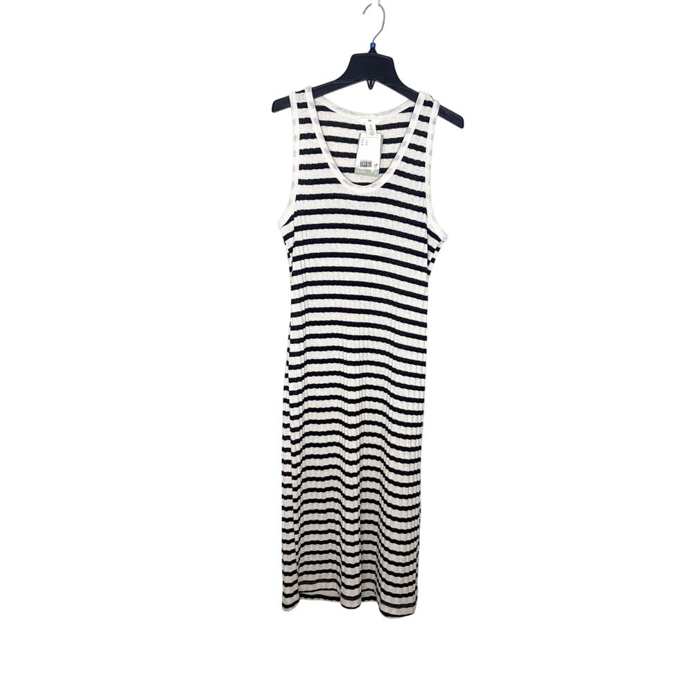 H&M Striped Knit Midi Tank Dress Sz L Neutral Boho Chic Beach Coastal Stretch